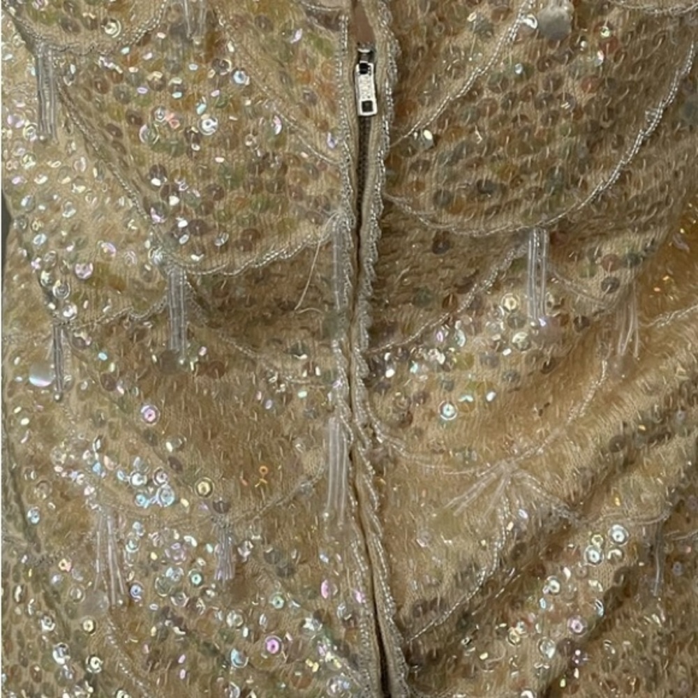 Vintage Sequin Fringe Top Large Cream Sparkle Flapper Costume Lined - Picture 5 of 5